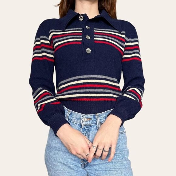 EuropeCraft 70s vintage wool blend collared quarter button striped sweater Small - Picture 1 of 6